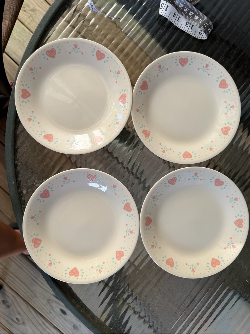 4 Corelle small bread dessert plates charming "Forever Yours" pink hearts